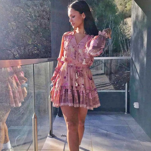 SOLD OUT Boho Gypsy Floral Long Sleeve Ruffle Mini Dress - Picture 4 of 8